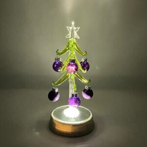 Lighted Hand‎ Blown Glass Christmas Tree with Purple Ornaments and Star Topper